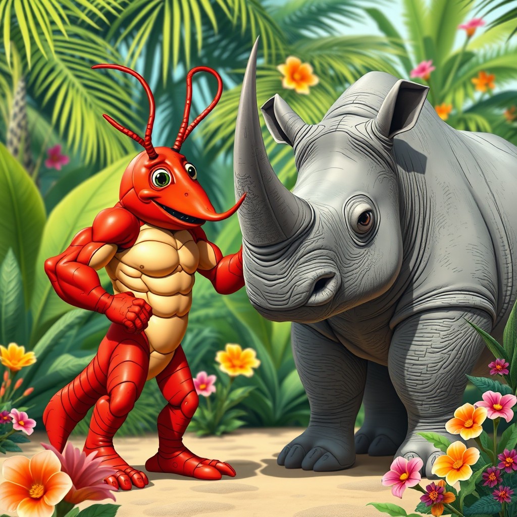 A muscular, anthropomorphic lobster with bulging biceps, vibrant red shell, and intense claws, standing in a playful pose while holding hands with a large, friendly rhinoceros
