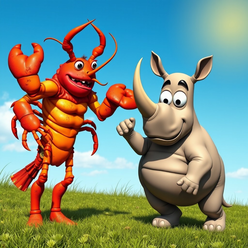 A humorous scene featuring a buff, dirty lobster with exaggerated muscles and texture, holding hands with a large, cartoonish rhinoceros