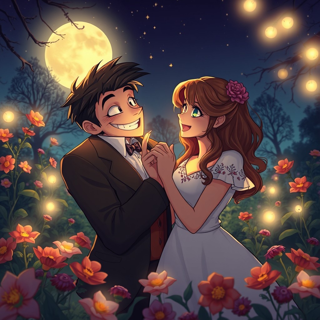 A captivating scene inspired by a romantic narrative featuring two characters: a charming, mischievous man with a playful grin and an enchanting woman with sparkling eyes and a warm smile