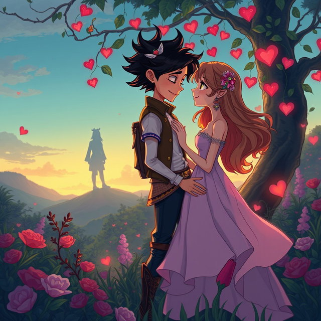 A vivid and romantic illustration of Mortecai and Margarita, two enchanting characters, standing in a beautiful, fictional landscape filled with lush greenery and twilight colors
