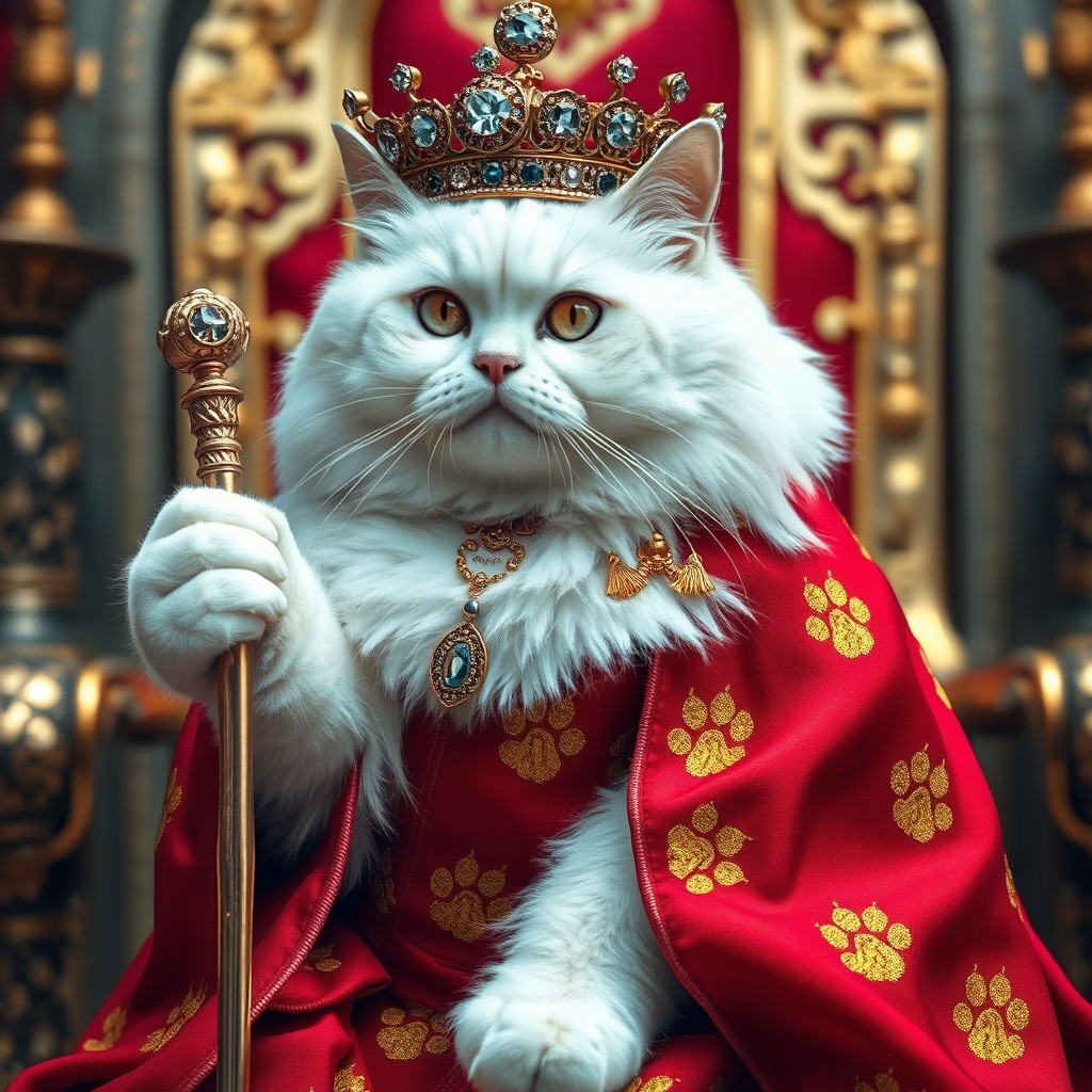 A plump white Persian cat with one golden eye and one blue eye, dressed majestically as an empress