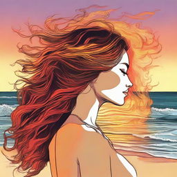 Illustrate a detailed drawing of a side-profile woman with hair made of flickering flames, fixated on a vibrant sunset on the beach.