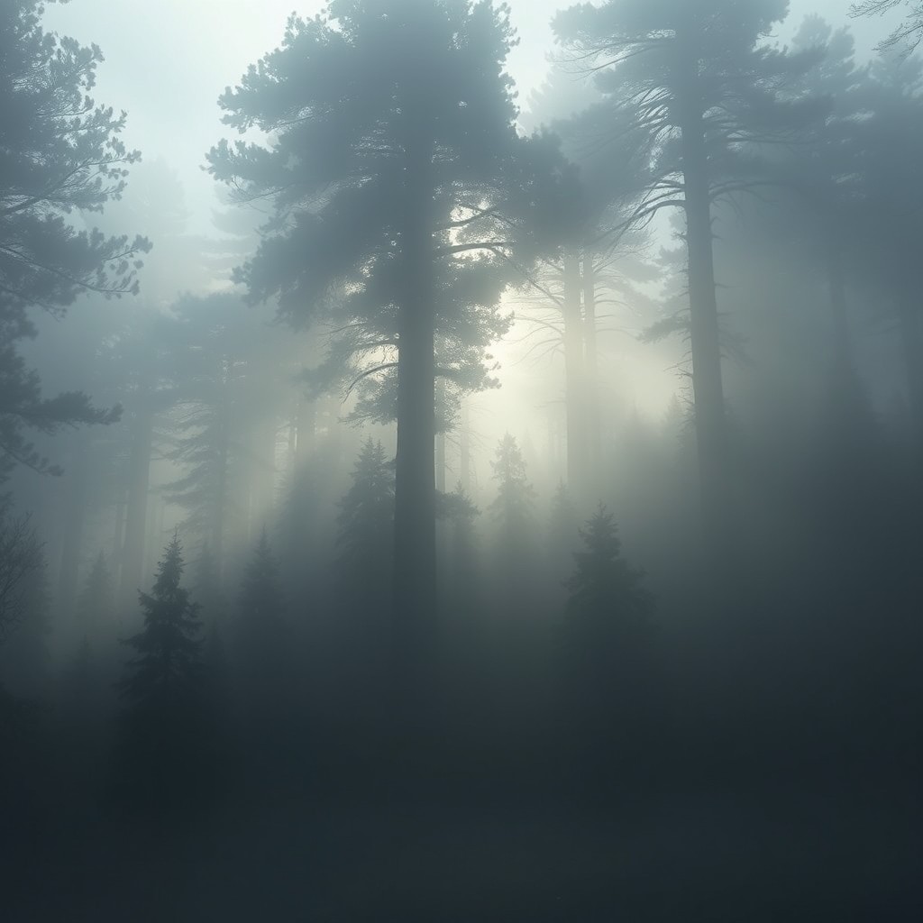 A serene yet haunting landscape depicting a dense, foggy forest with towering trees, shrouded in mystery