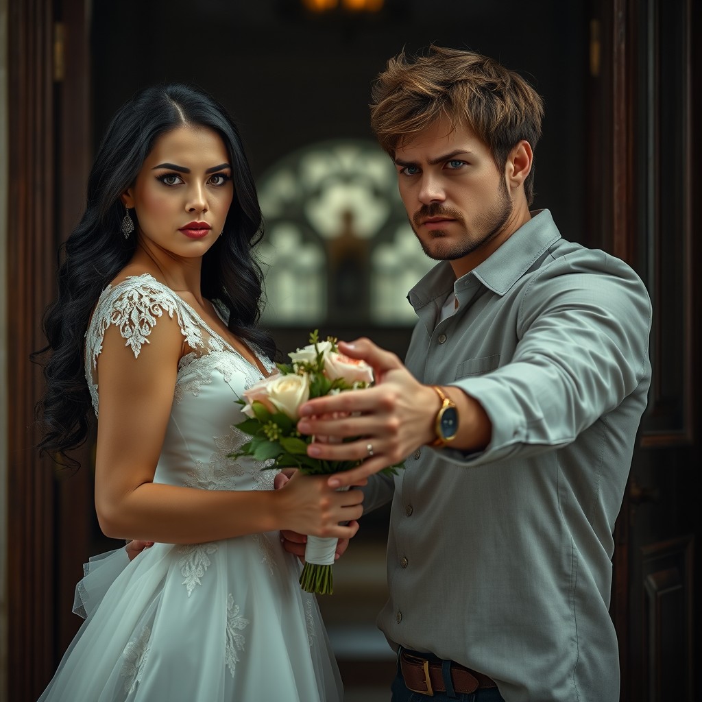 A romantic and dramatic scene featuring a couple at the exit of a church