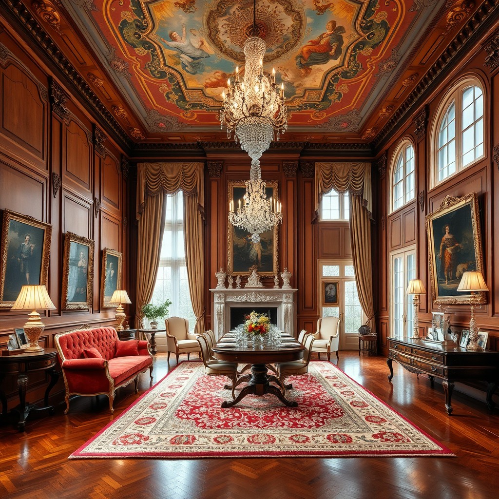 An elegant classic European interior design featuring ornate furniture and decor