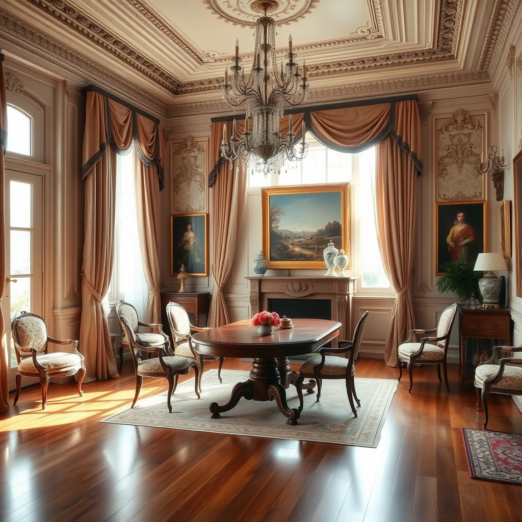 An interior space designed in classic European style, featuring elegant decorative elements such as ornate moldings, high ceilings, and grand chandeliers