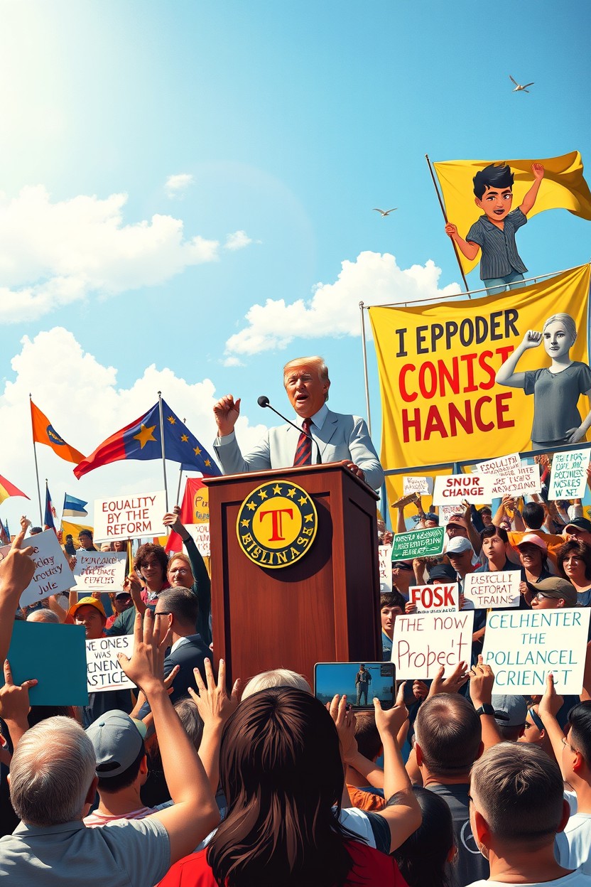 An artistic representation of populism in politics, featuring a central figure standing on a podium addressing a diverse crowd