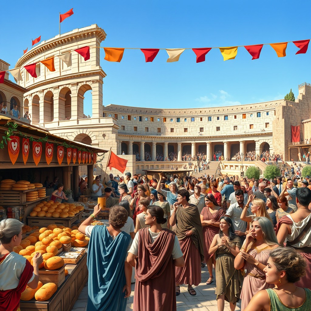 A vibrant and bustling ancient Roman marketplace filled with lively citizens enjoying bread and circuses