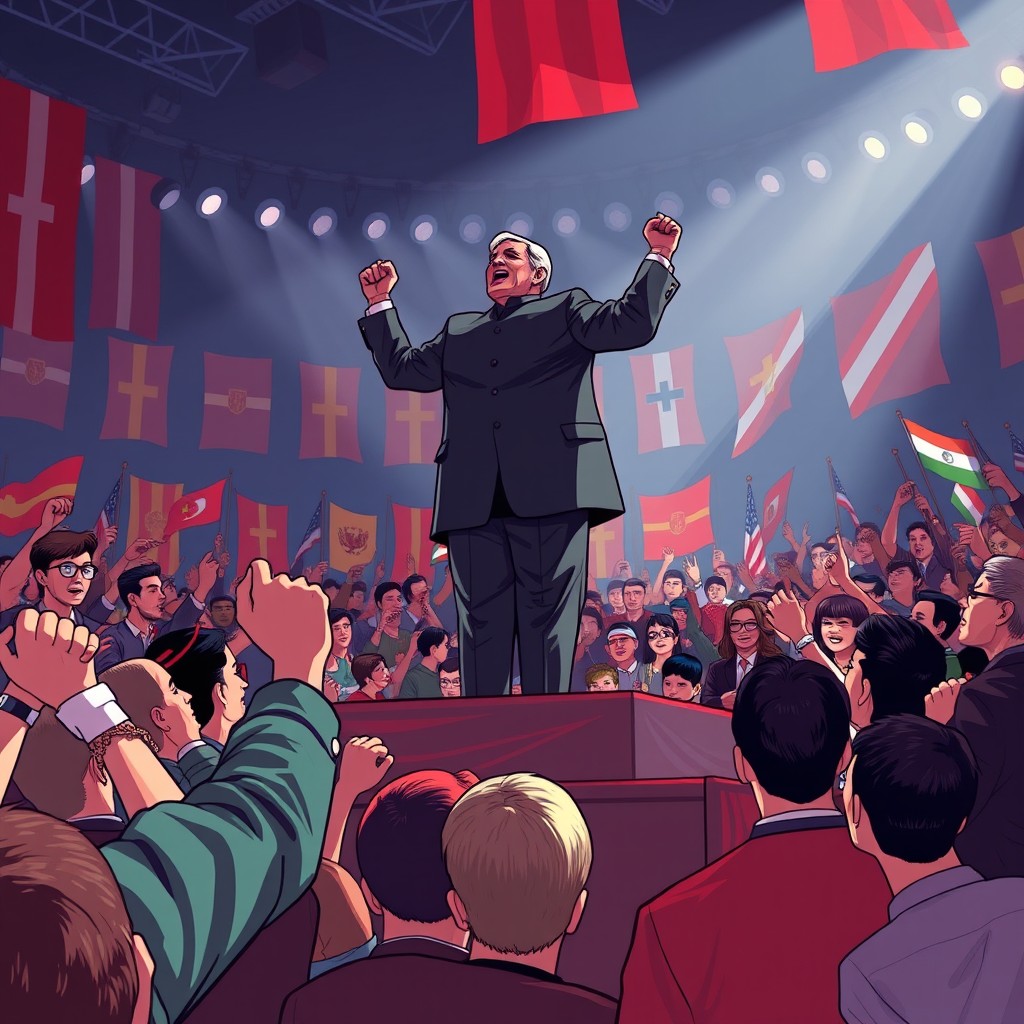 A conceptual illustration of the theme of demagogy, featuring a charismatic leader standing on a grand stage, passionately speaking to a large crowd
