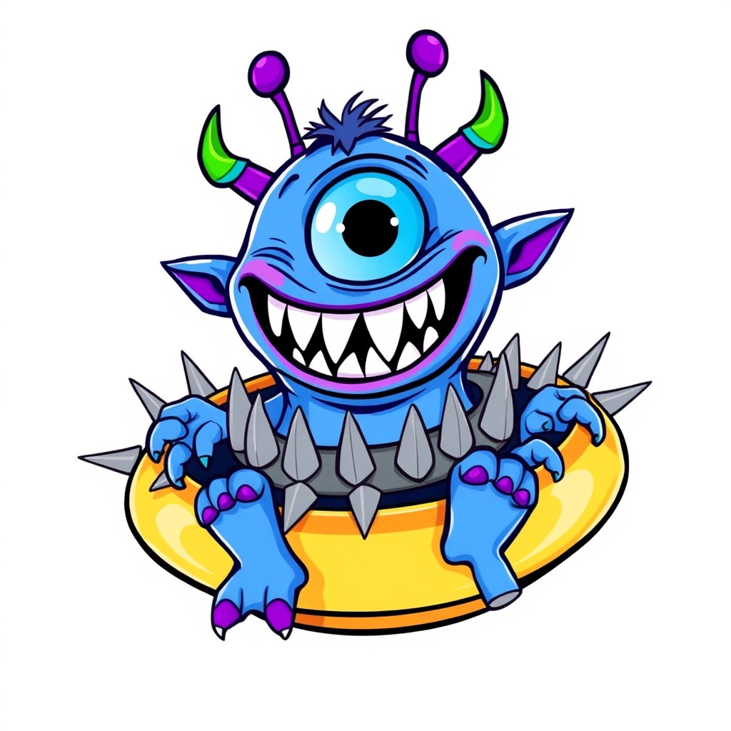 A cartoonish blue monster with one large blue eye, a wide smile filled with sharp teeth, is centered in the image