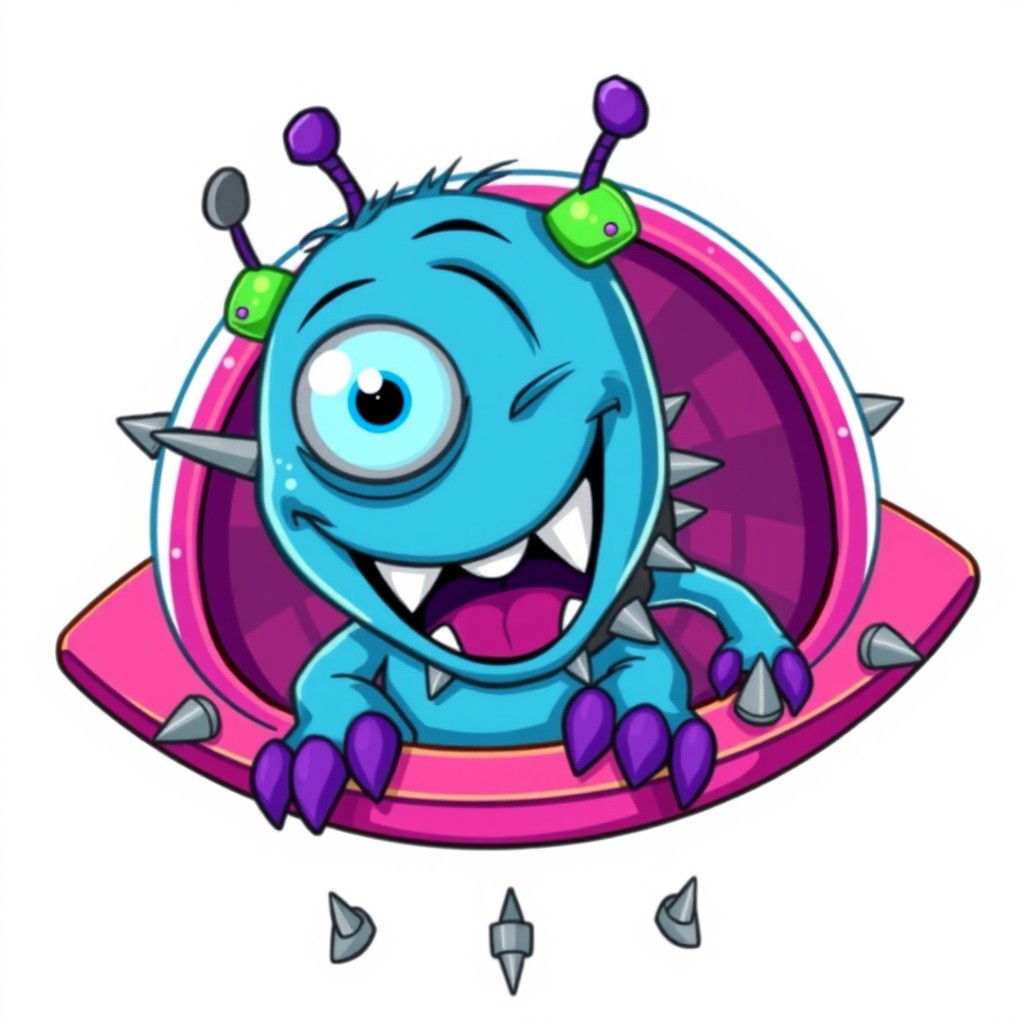A cartoonish blue monster with one large blue eye, wide smile, and sharp teeth is centered in the image