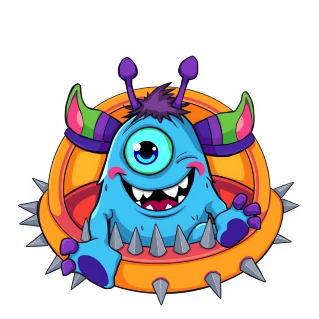A cartoonish blue monster with one large blue eye, a wide smile, and sharp teeth is centered in the image