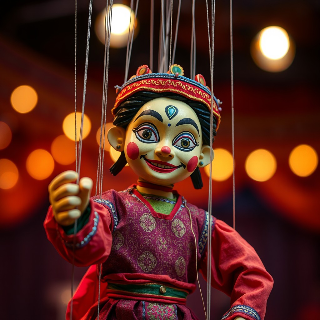 A beautifully crafted puppet with expressive features, vividly painted wooden face, colorful clothing, and intricate details showcasing its ethnic design
