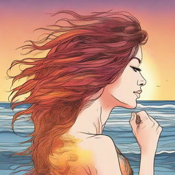 Illustrate a detailed drawing of a side-profile woman with hair made of flickering flames, fixated on a vibrant sunset on the beach.