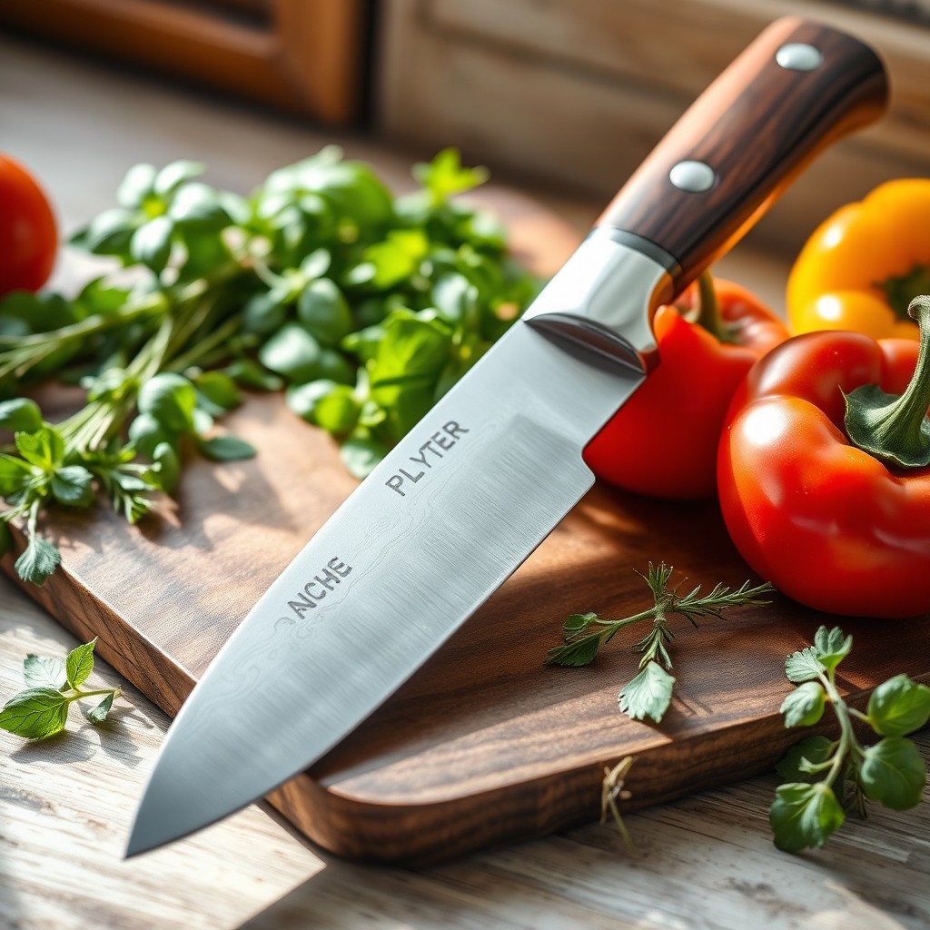 A highly detailed image of a beautiful kitchen knife, showcasing a sleek stainless steel blade with intricate etching on the side