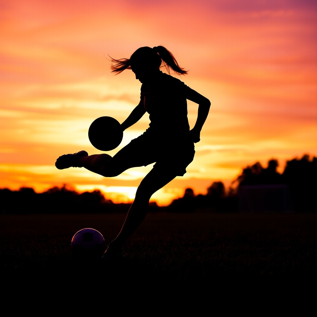 A dynamic silhouette of a female soccer player in motion, showcasing an athletic pose as she dribbles a soccer ball on a field