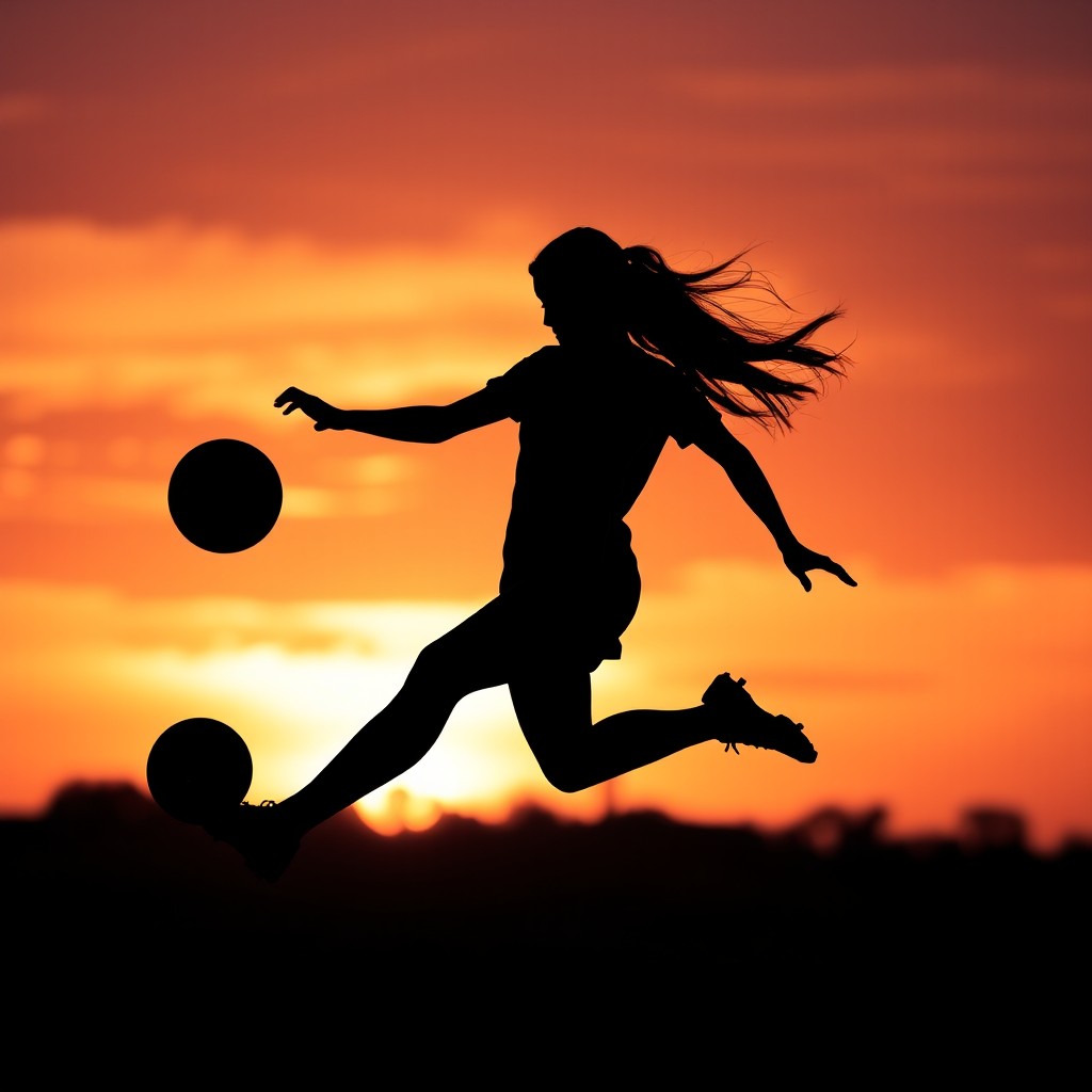 A silhouette of a female soccer player in mid-action, gracefully kicking a soccer ball