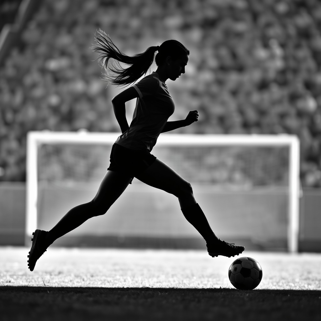 An elegant silhouette of a female soccer player in action, showcasing dynamic movement as she dribbles the ball down the field