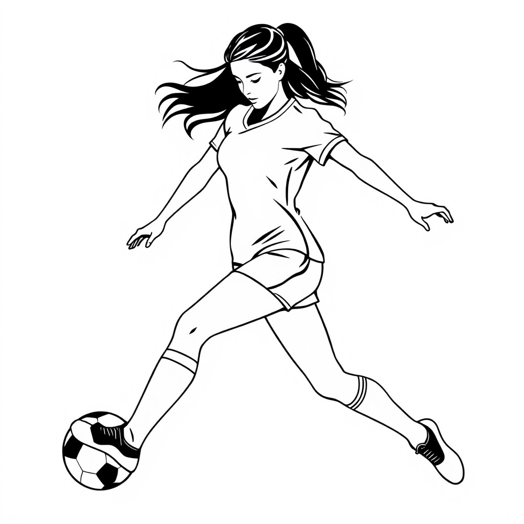 A clean, stylized vector silhouette of a female soccer player in an energetic pose, captured mid-action while dribbling a soccer ball