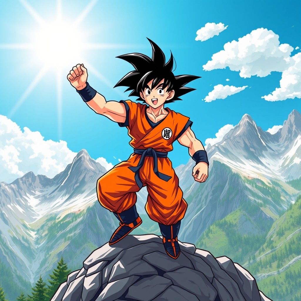 A dynamic and vibrant illustration of Son Goku from Dragon Ball, standing triumphantly on a mountain peak in Österreich (Austria), surrounded by stunning alpine scenery