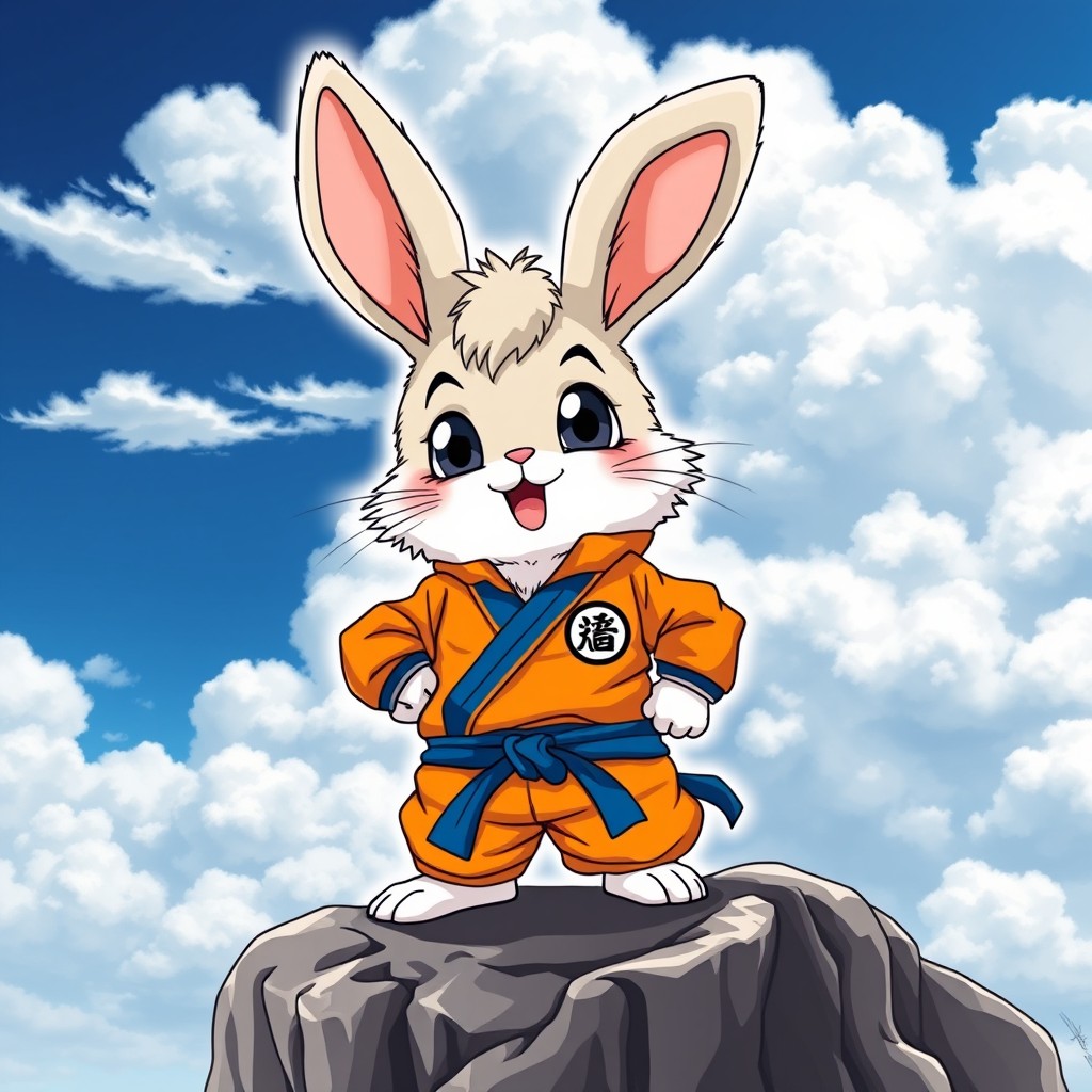 A cute fluffy bunny wearing a vibrant orange and blue training gi inspired by Dragon Ball Z, complete with the iconic turtle emblem on the chest