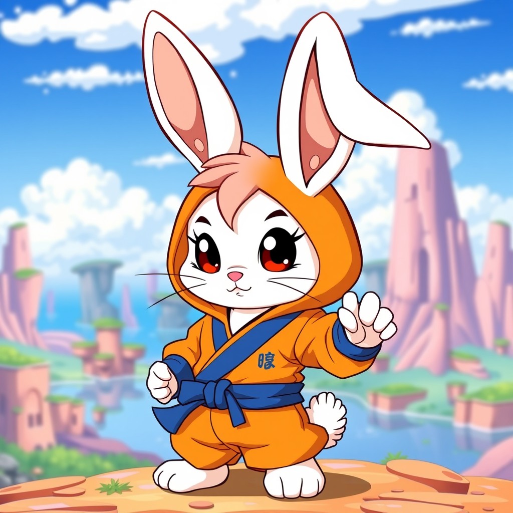 A cute bunny character in a Dragon Ball Z inspired style, featuring bright colors and exaggerated features typical of anime