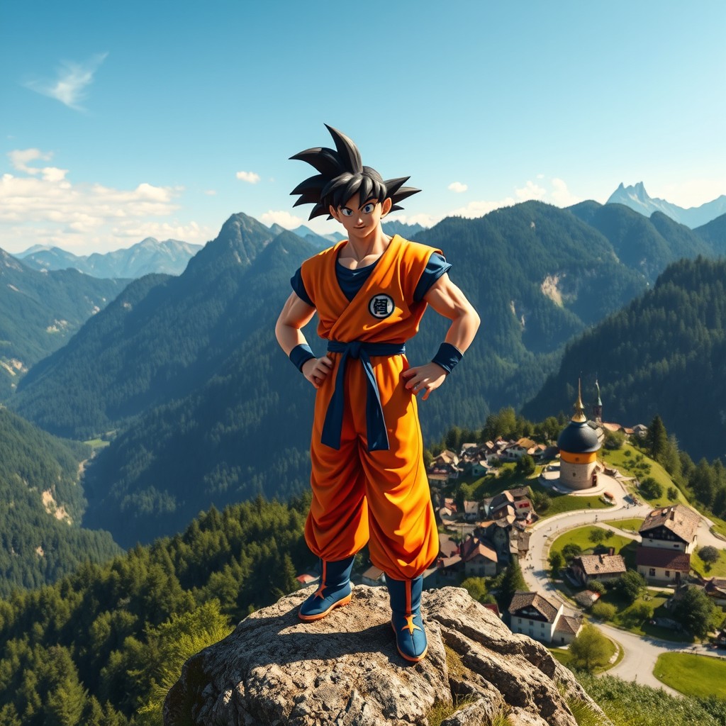 A stunning fantasy landscape featuring Son Goku from Dragon Ball, set in the picturesque village of Martinsberg Gutenbrunn on a mountain