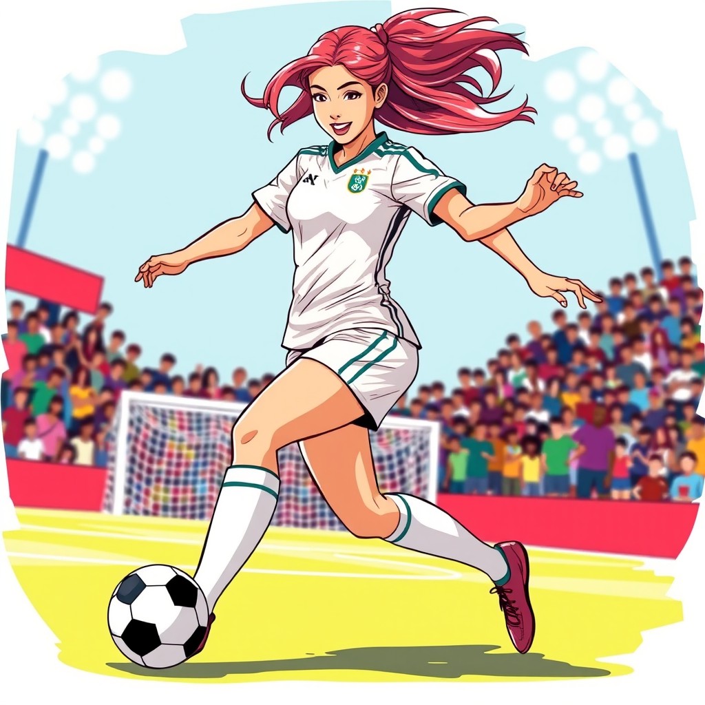 A colorful and vibrant vector illustration of a female soccer player in action, displaying strong athleticism as she prepares to kick a soccer ball