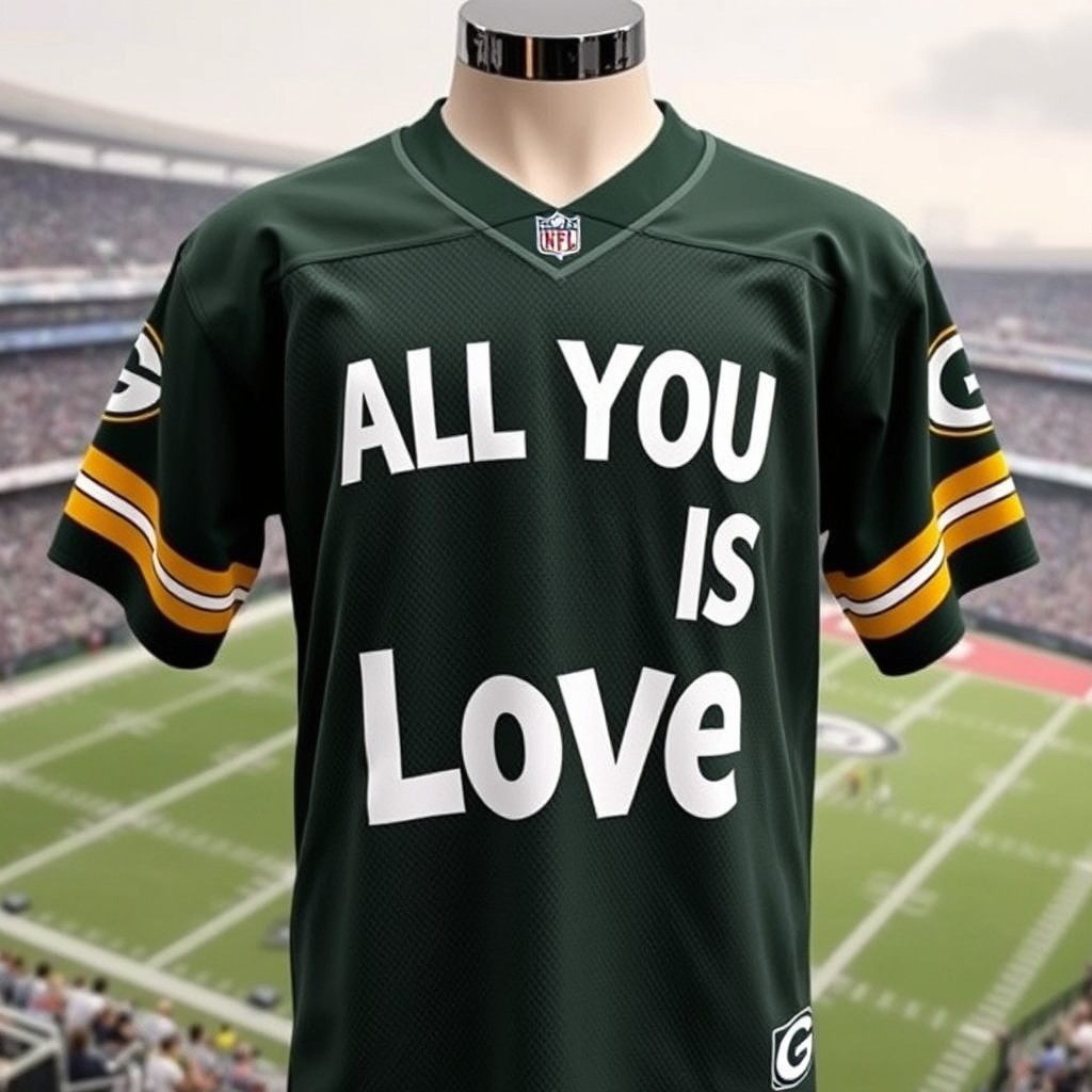 A Green Bay Packers jersey featuring the phrase "All You Need Is Love" prominently displayed
