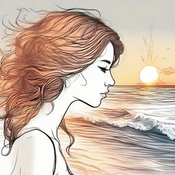 Create a detailed drawing of a side-profile woman, her hair animated by flames, absorbed in viewing a beautiful beach sunset.