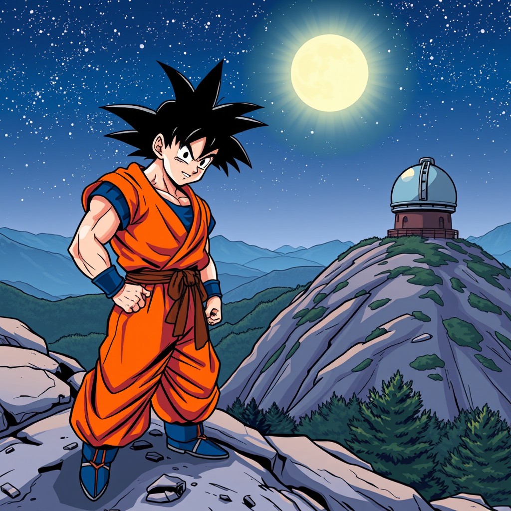 Son Goku, the iconic anime character from Dragon Ball, standing on a mountain in Martinsberg Gutenbrunn, with a scenic view and a star observatory in the background