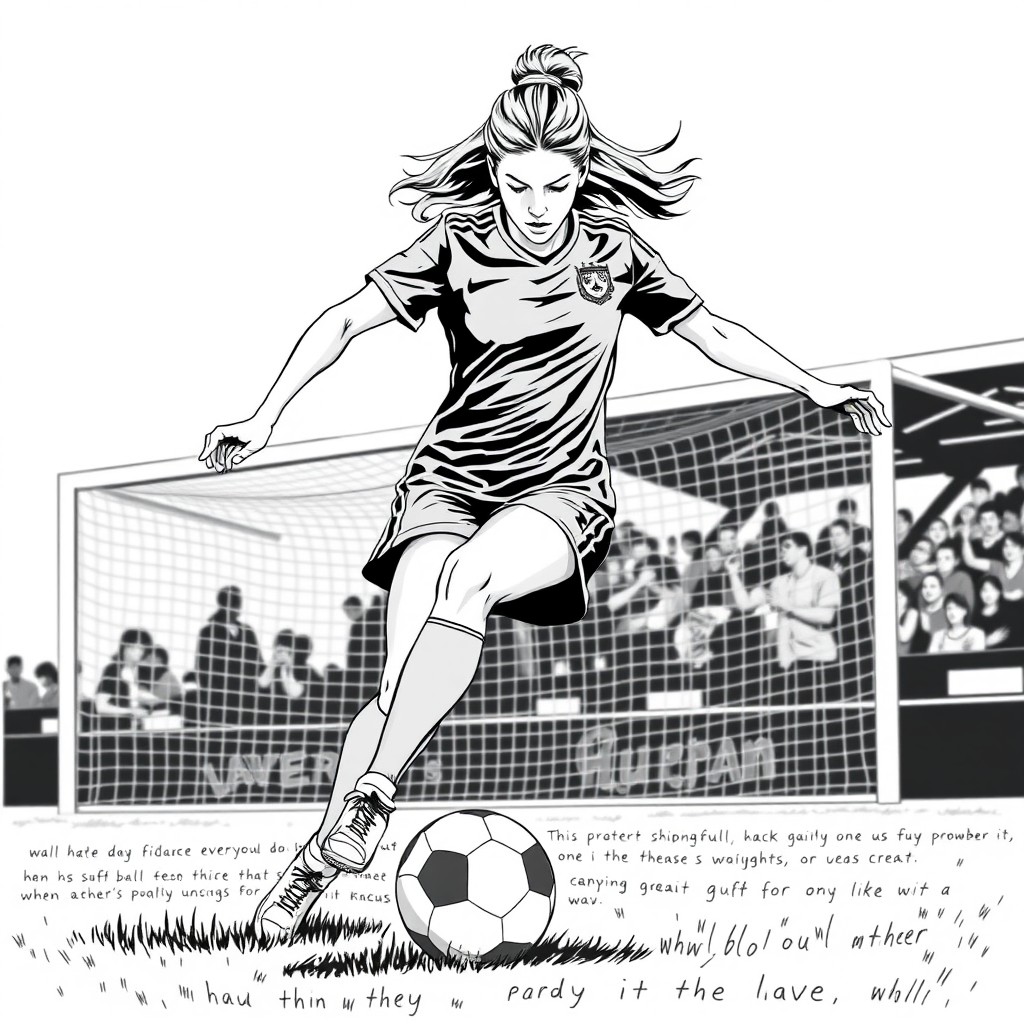 A striking black and white vector illustration of a female soccer player in action, poised to make a decisive kick on the soccer field