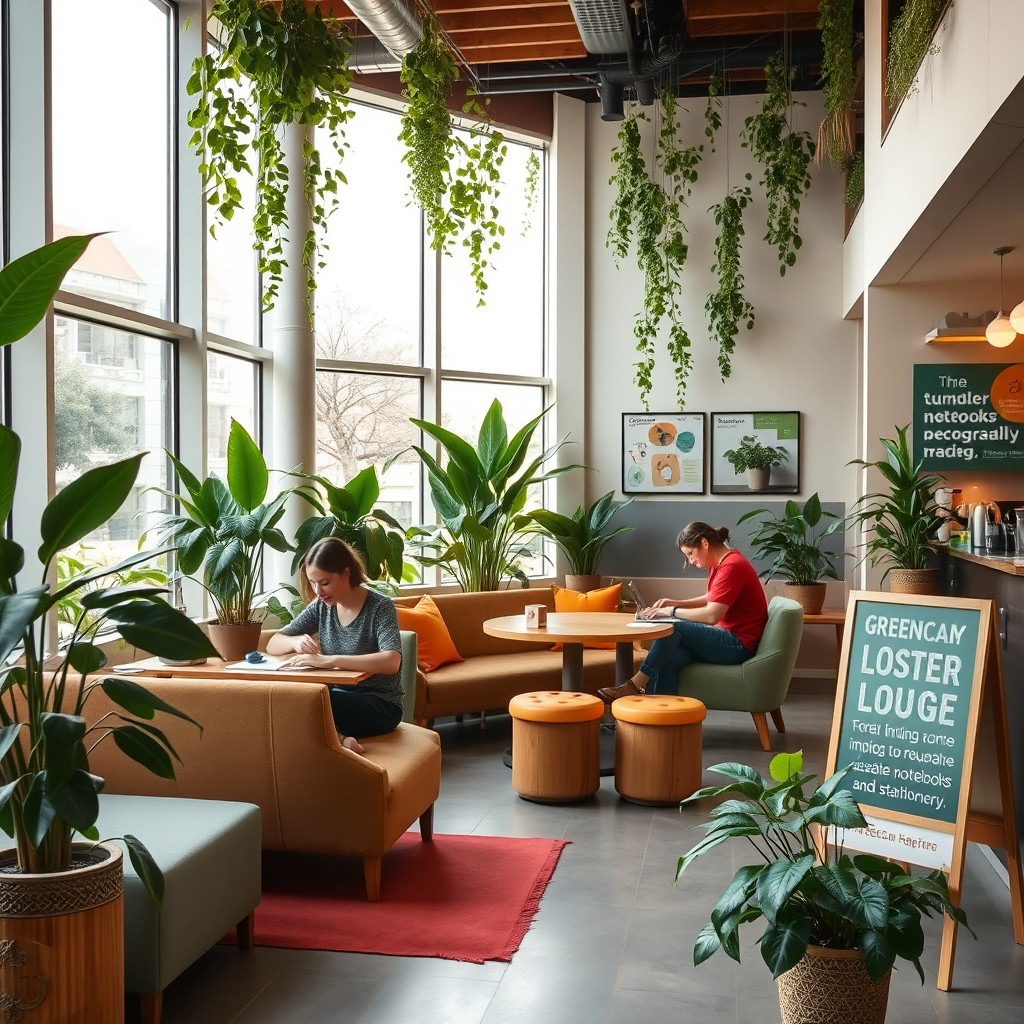 A vibrant and eco-friendly study space called 'GreenCam Lounge' on a university campus