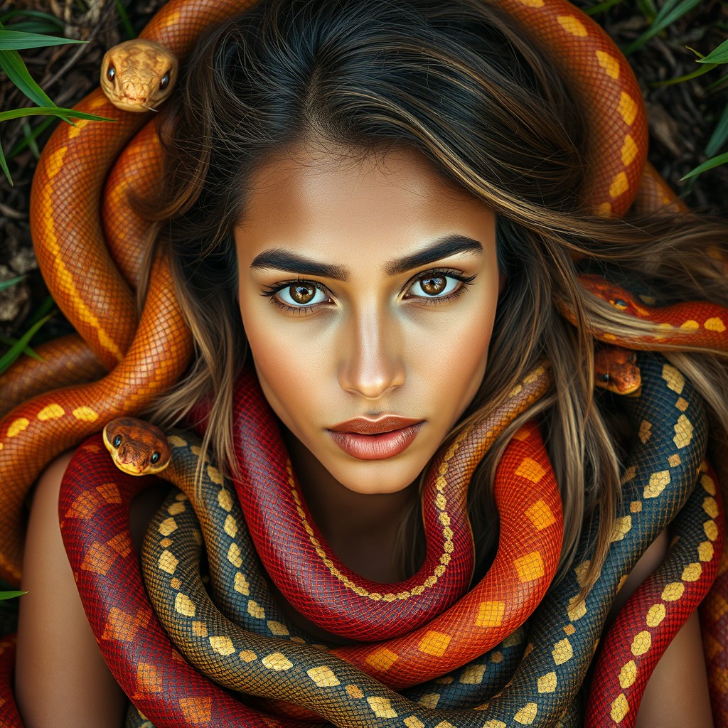 A full body view of a mixed-race woman with beautiful hazel eyes and a charming mole on her nose, elegantly laying down in a pit, surrounded by vibrant and colorful snakes