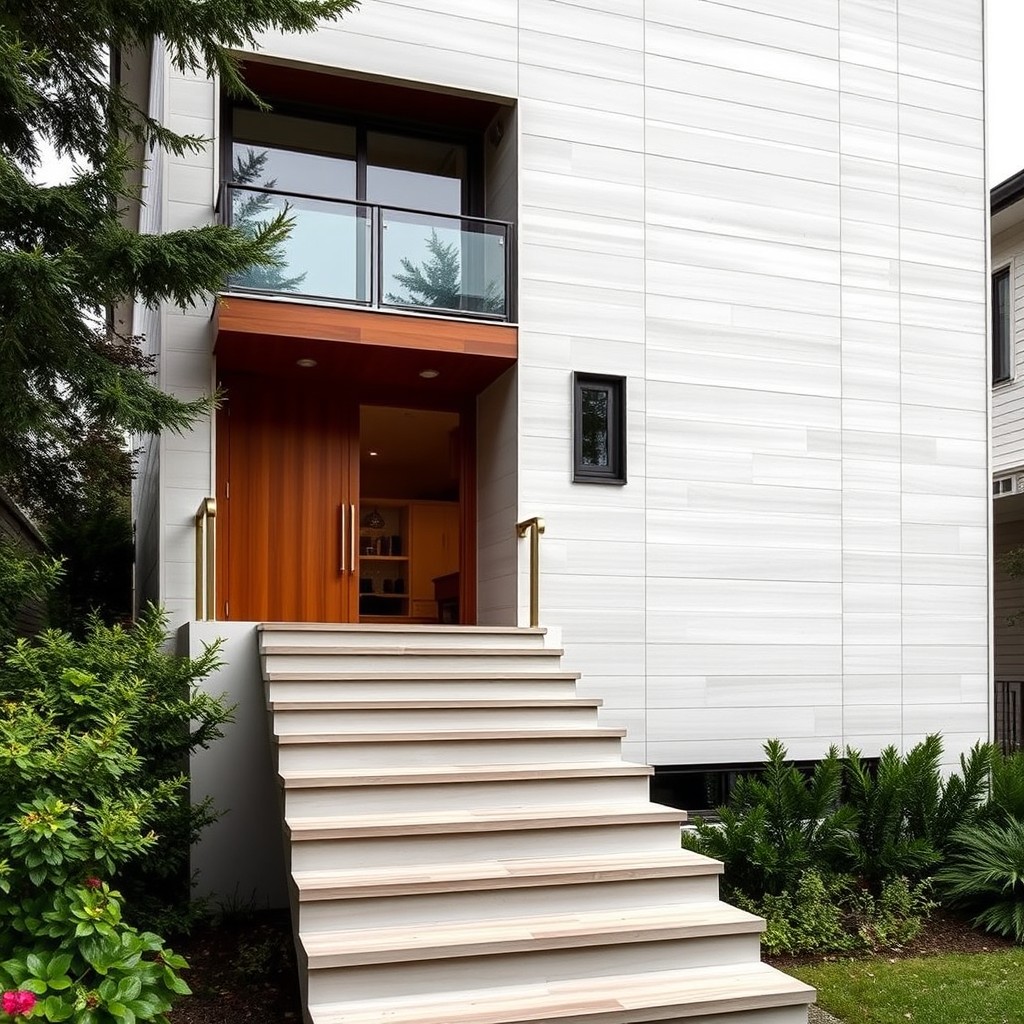 A tall house with ascending stairs, featuring a high facade made of paneling