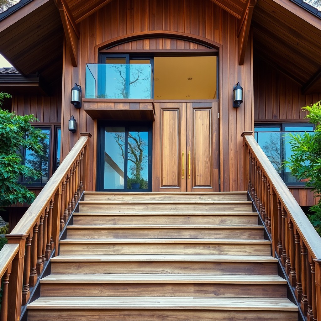 A beautiful house featuring ascending stairs, with a tall facade made of wooden paneling and a roof of lambrin
