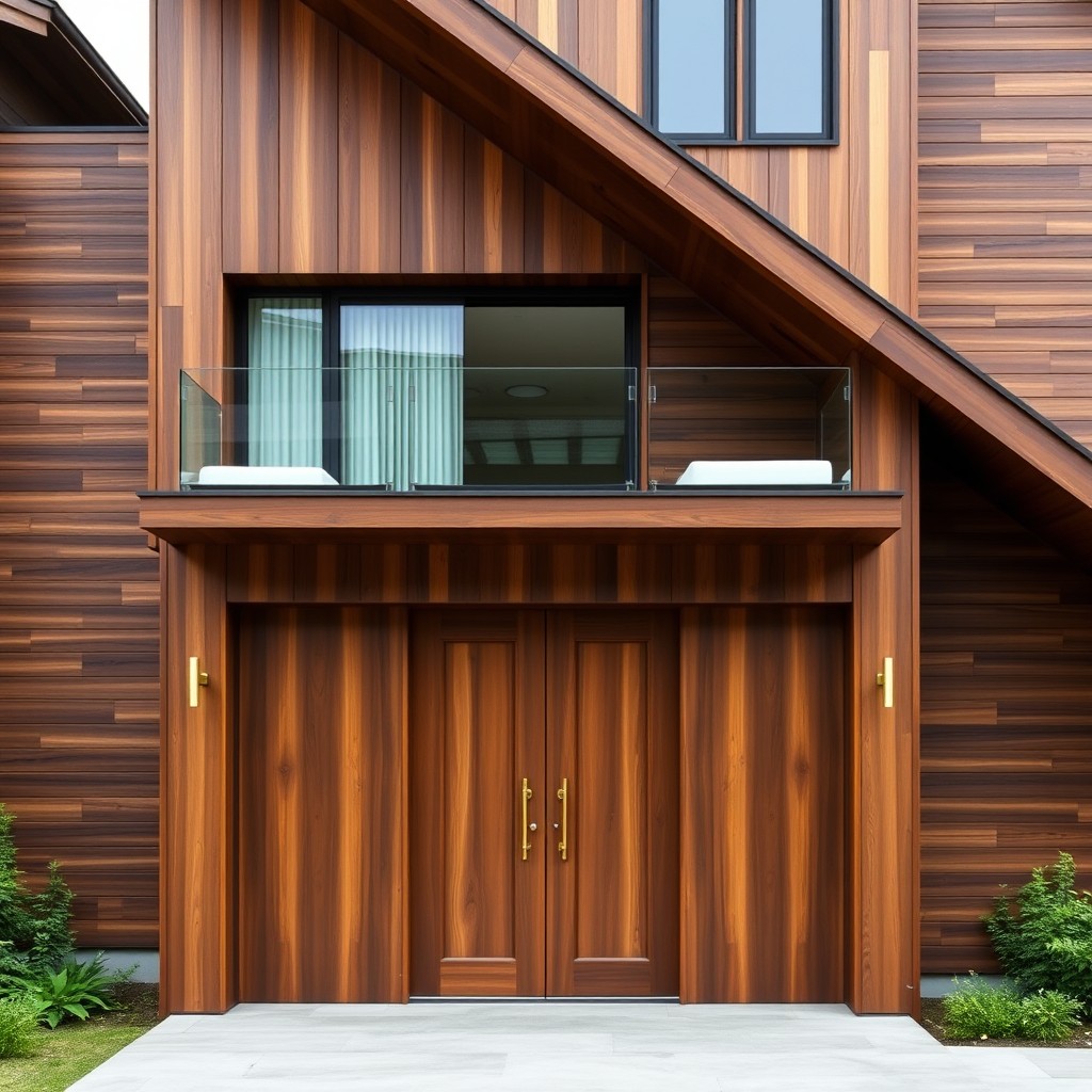 A tall house facade featuring wooden paneling and a slanted roof