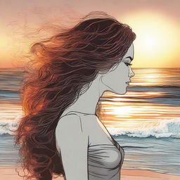 Create a detailed drawing of a side-profile woman, her hair animated by flames, absorbed in viewing a beautiful beach sunset.