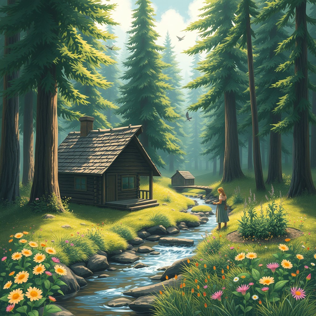 A serene landscape depicting a peaceful life in the forest