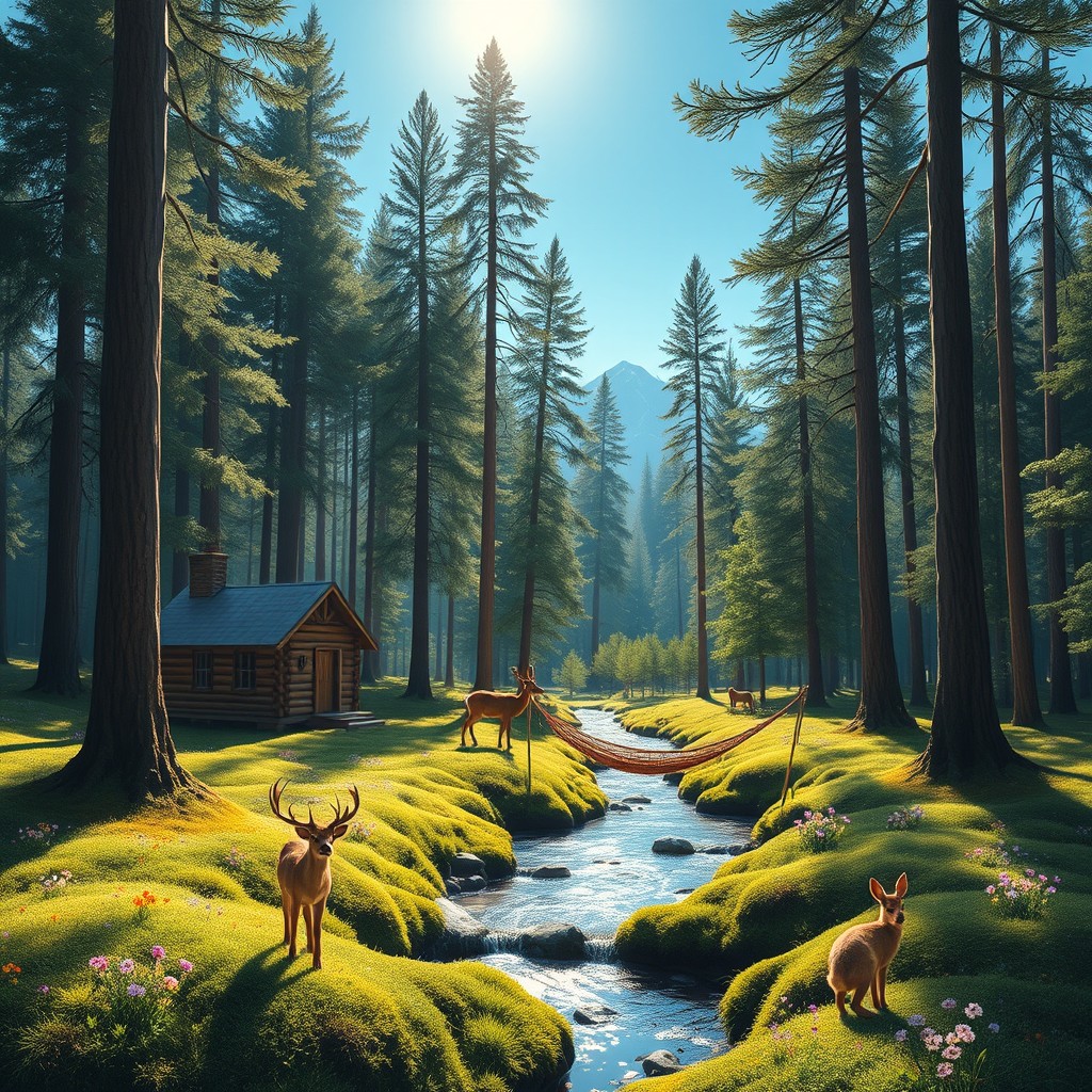 A peaceful and serene forest scene depicting a simple life among the trees, with a cozy wooden cabin nestled among tall pine trees