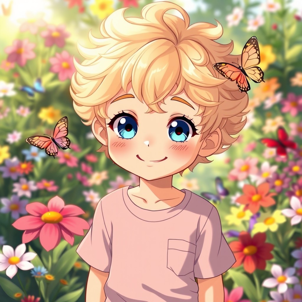 A charming young anime boy with soft, curly blonde hair, bright blue eyes, and a cheerful expression