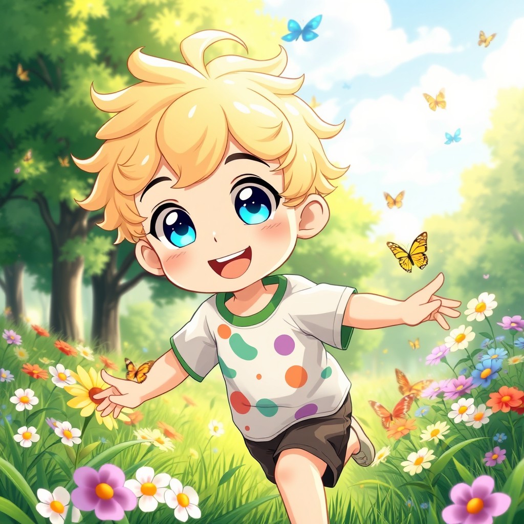 A cheerful little anime boy with bright blonde curly hair, big sparkling blue eyes, wearing a colorful t-shirt and shorts, playing in a lush green park filled with flowers and butterflies, with a sunny sky in the background and a gentle breeze ruffling his hair