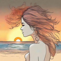 Create a detailed drawing of a side-profile woman, her hair animated by flames, absorbed in viewing a beautiful beach sunset.