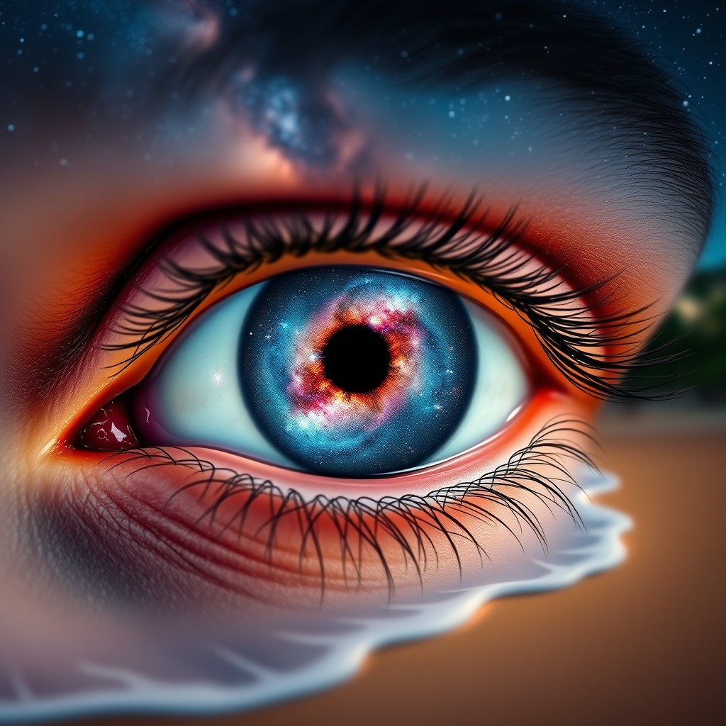 A vibrant and magical scene depicting the Milky Way galaxy reflected in the iris of a human eye, with the beach visible around the eye's pupil