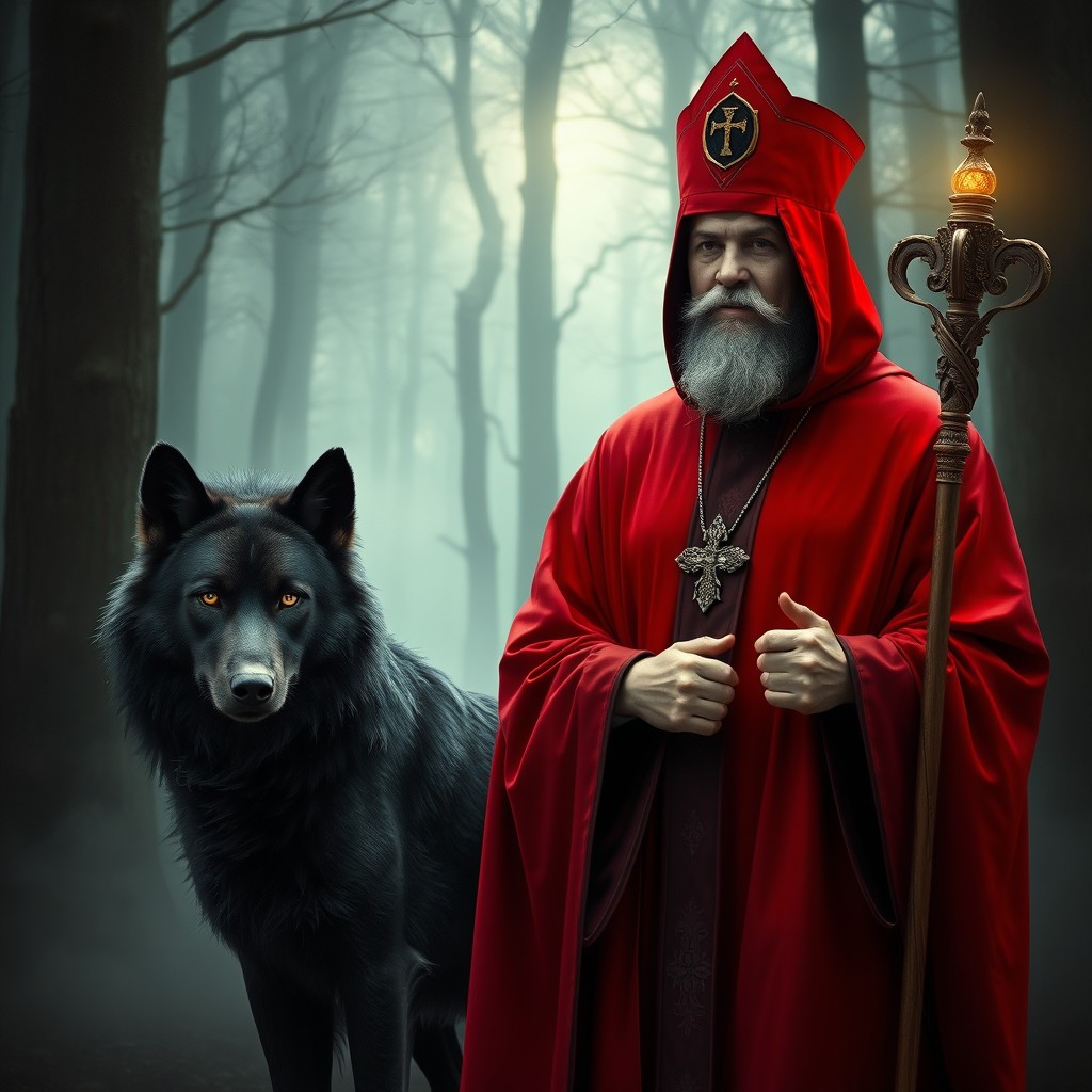 A mysterious scene featuring a majestic black wolf standing beside a priest dressed in striking red robes