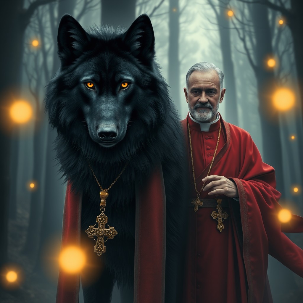 A majestic black wolf standing proudly beside a priest dressed in vibrant red robes