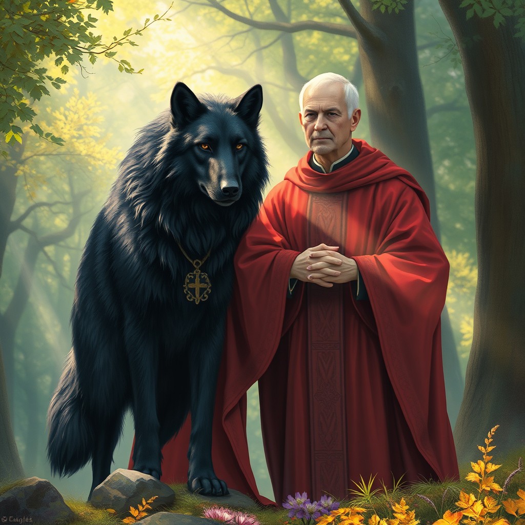 a majestic black wolf standing beside a priest dressed in rich red robes, the priest has a serene expression, surrounded by an ethereal forest with soft, dappled sunlight filtering through the trees, the scene exudes a sense of harmony and mystical connection, detailed fur on the wolf, intricate patterns on the priest's robes, vibrant colors of nature around them