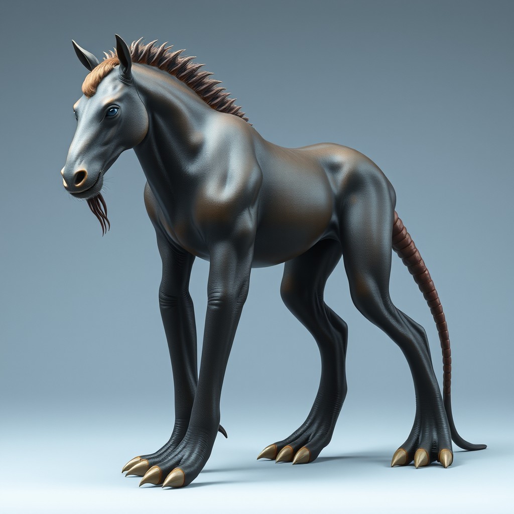 A hybrid humanoid creature with DNA fused from a horse, sea lion, and octopus, showcasing a tall and powerful physique