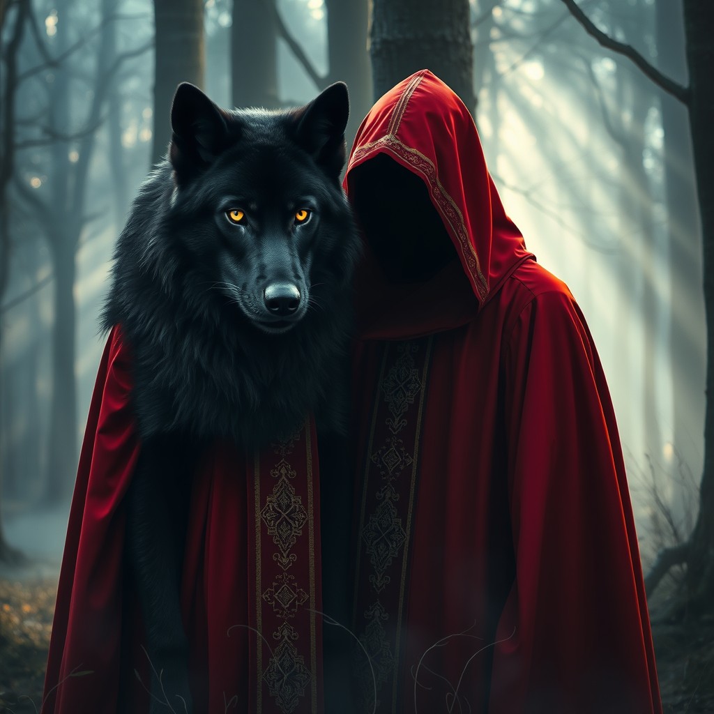 A striking black wolf standing confidently next to a priest dressed in vibrant red robes, with his face covered by a shadowy hood