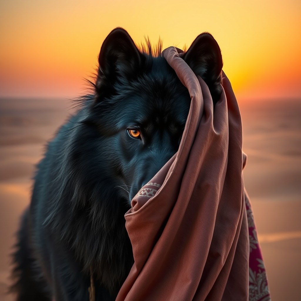 A striking image of a powerful black wolf featuring an Arab warrior's face partially covered by traditional garb